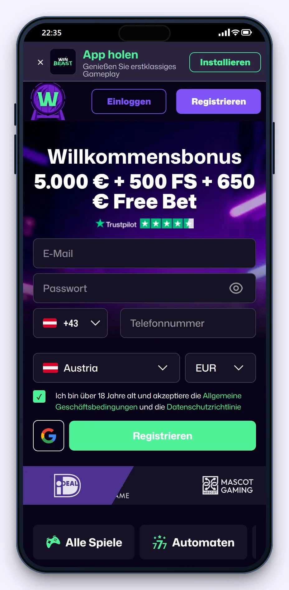 google pay casino: WinBeast Lobby am Smartphone