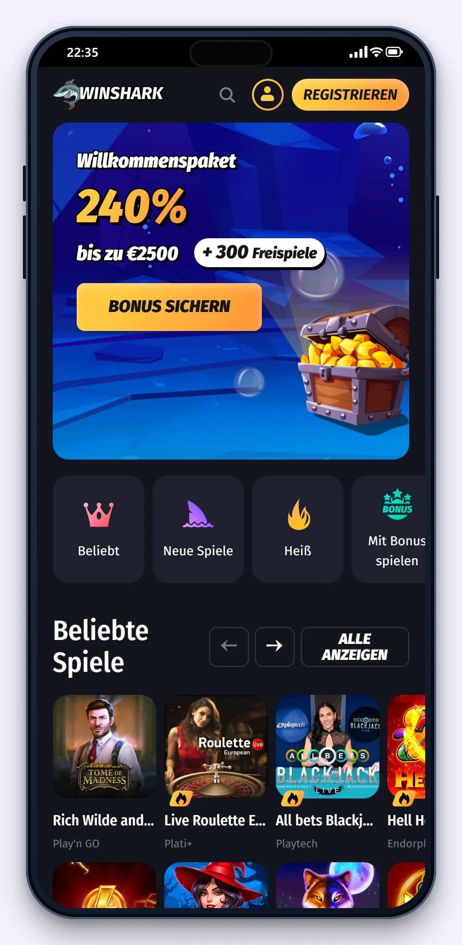 online casino google pay: WinShark Lobby auf dem Handy