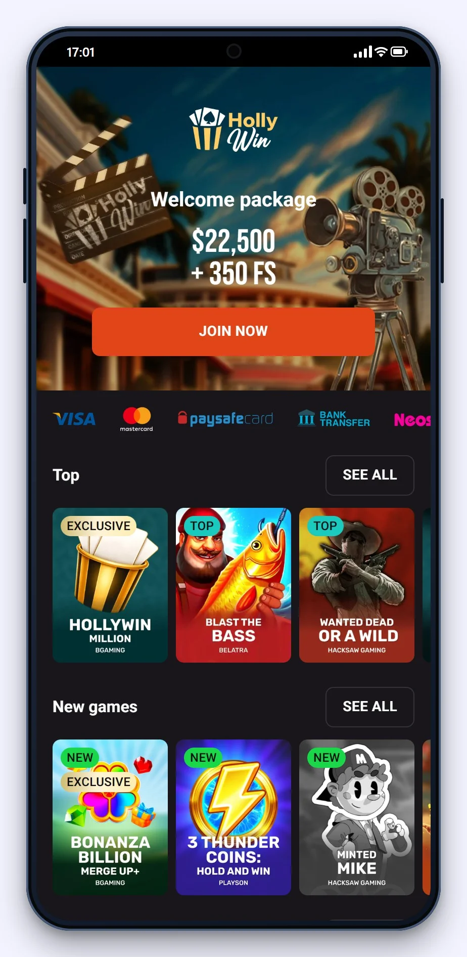 casino google pay: Hollywin lobby on a phone