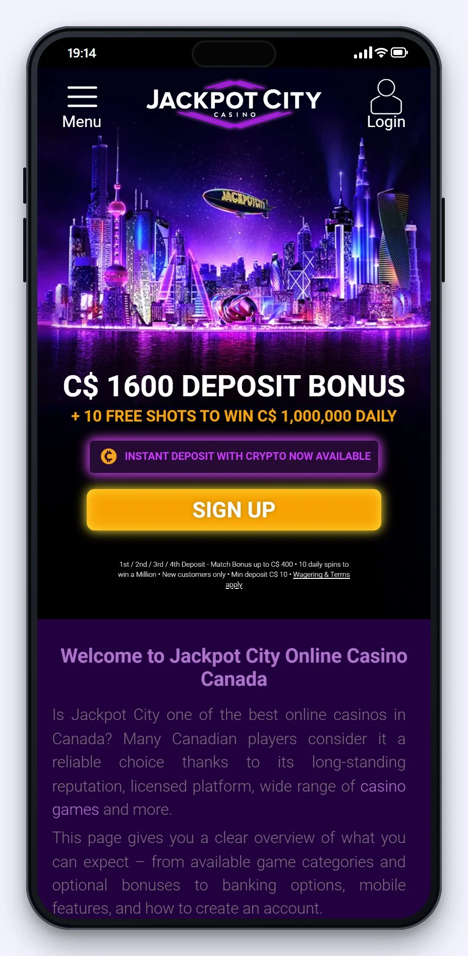 google pay casino canada: Jackpot City lobby on a phone