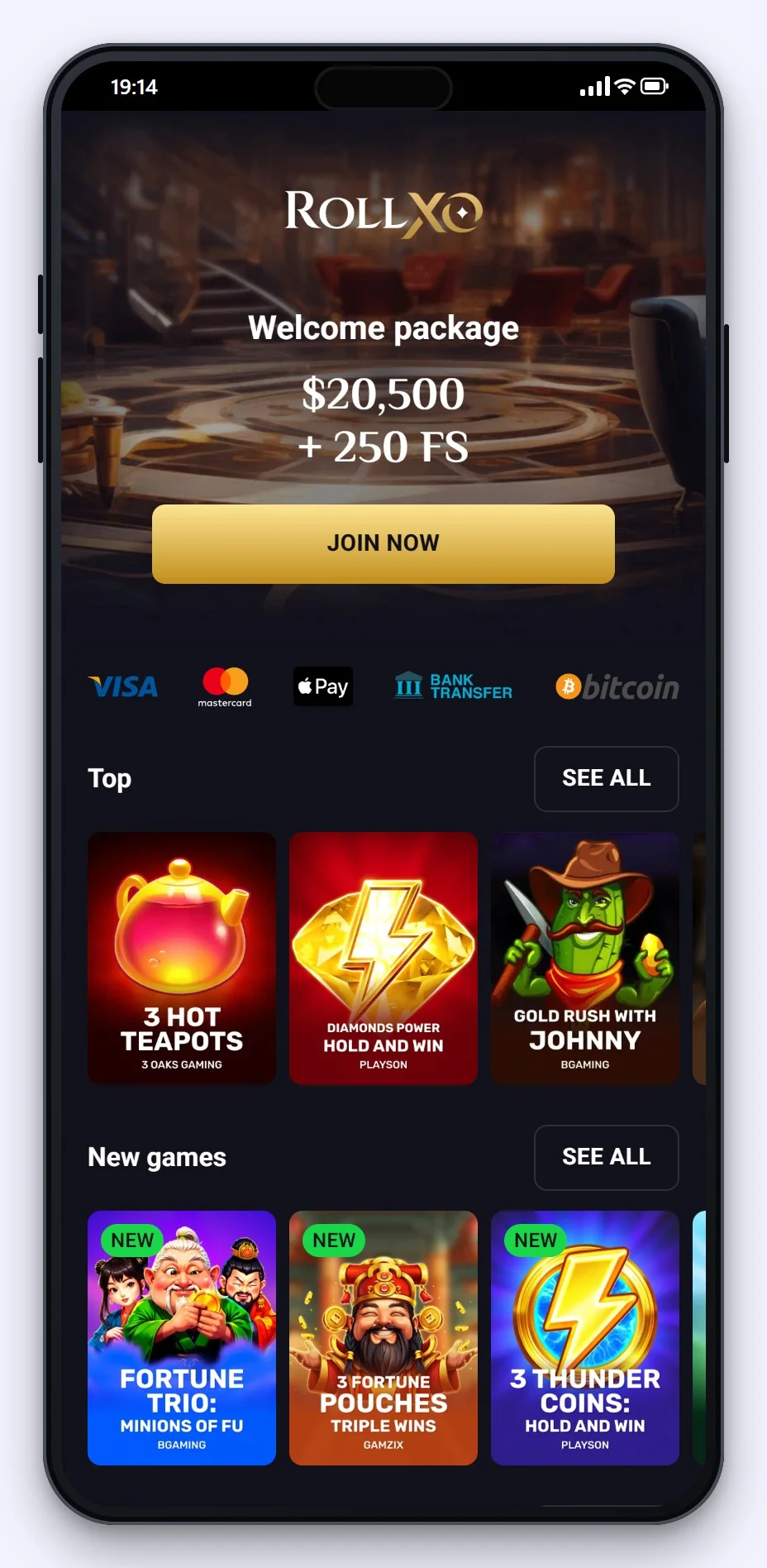 casino google pay: RollXO mobile site lobby