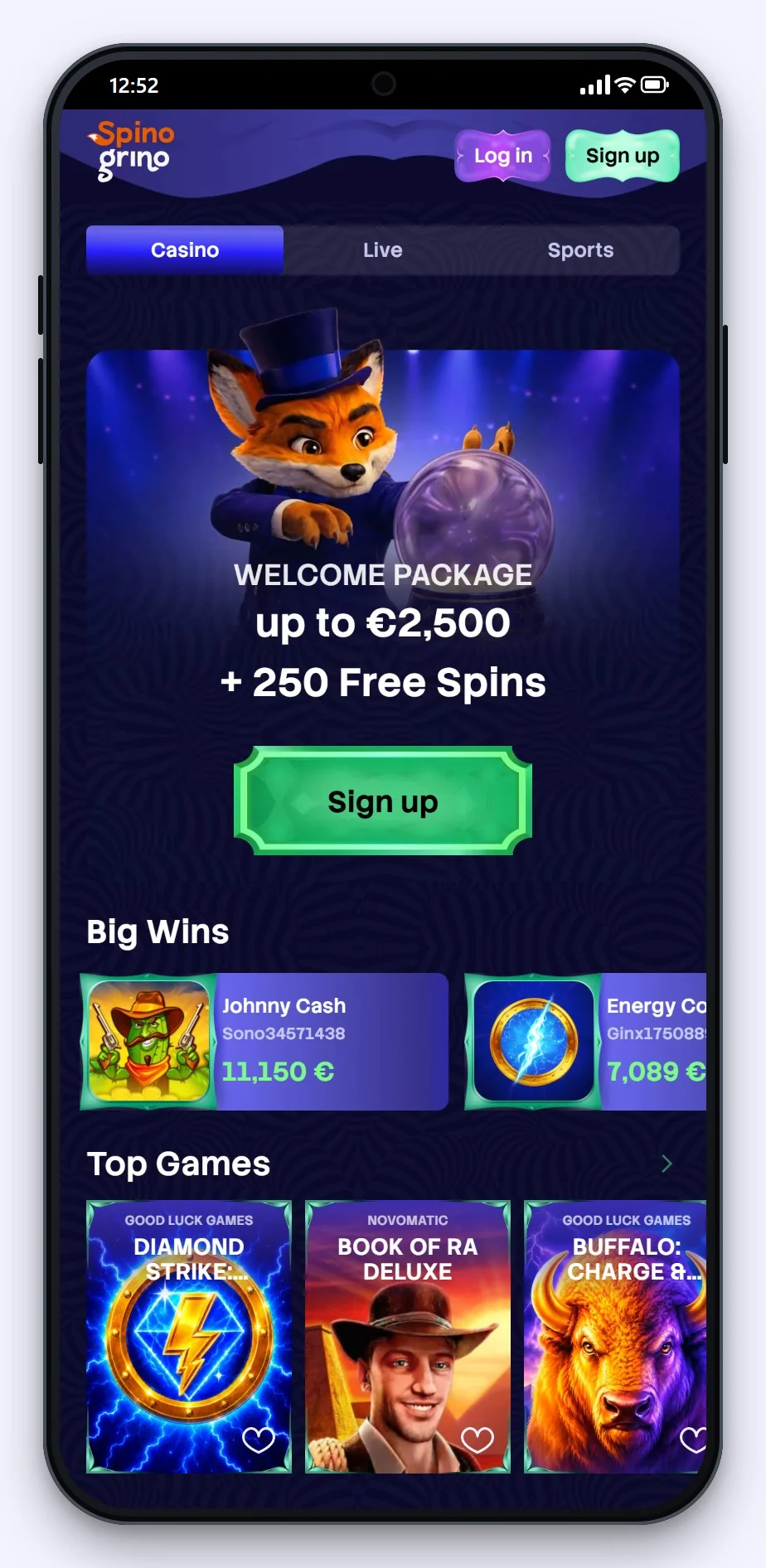online casino google pay: Spinogrino Lobby auf dem Handy