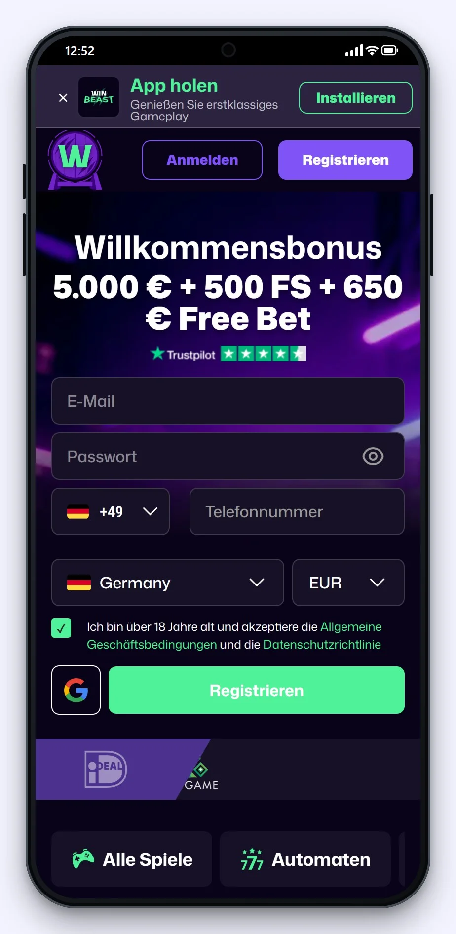 online casino mit google pay bezahlen: WinBeast Lobby am Smartphone