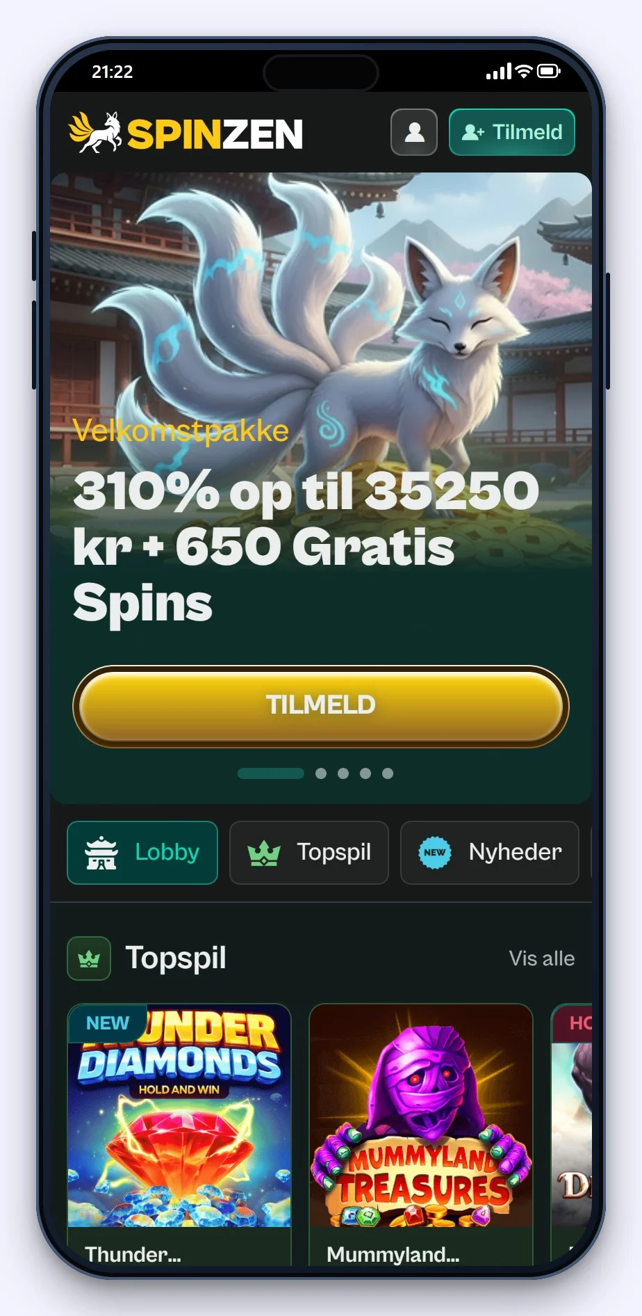bedste google pay casinoer: Spinzen lobby på mobilen
