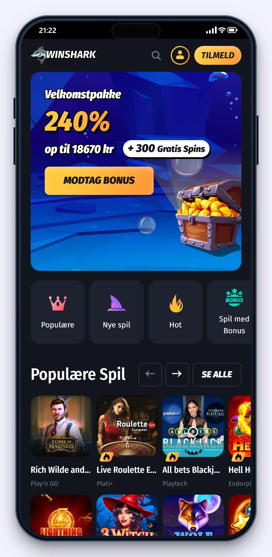 google pay casino: WinShark lobby på mobilen