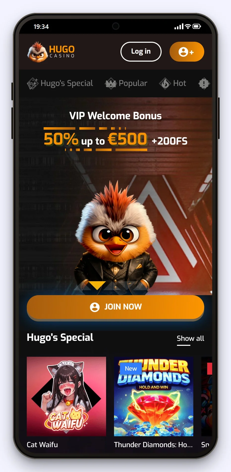 online casinos that accept google pay: Hugo Casino lobby on a phone