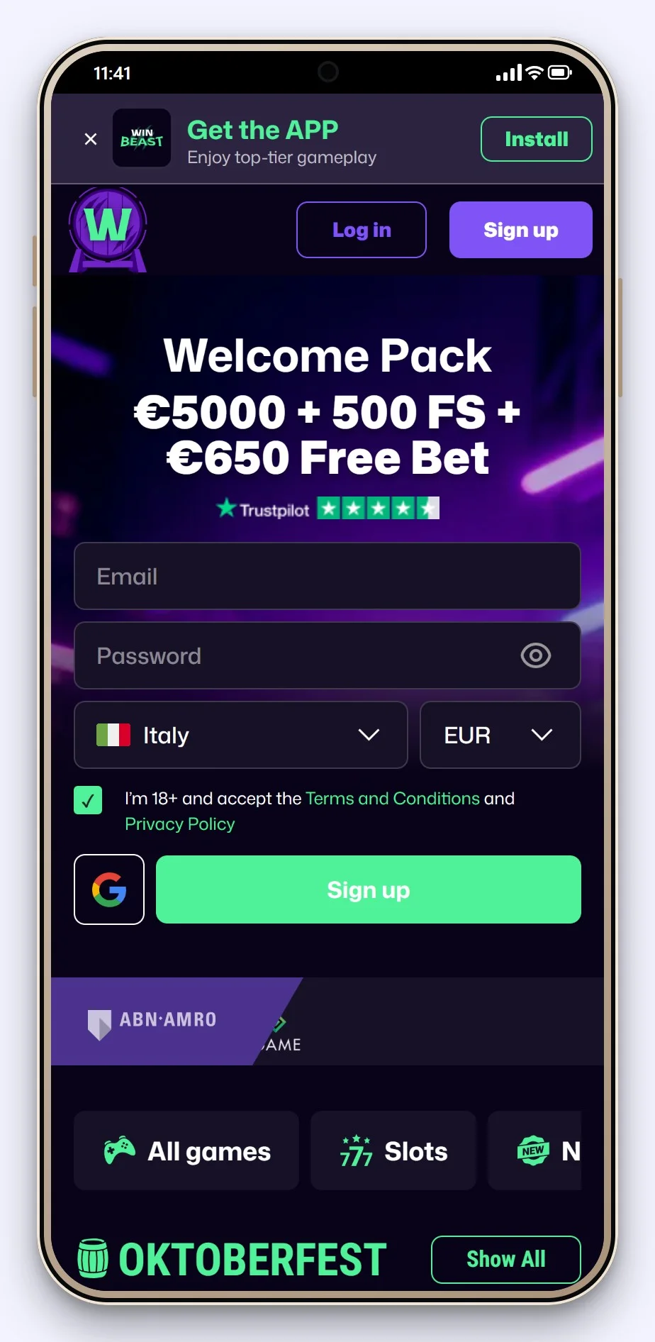 google pay casino: WinBeast lobby su mobile