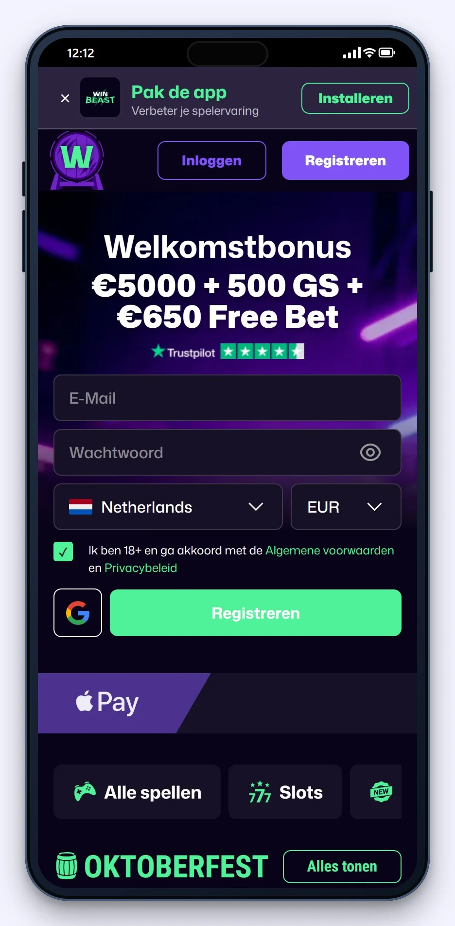 google pay casino's: WinBeast mobiele lobby