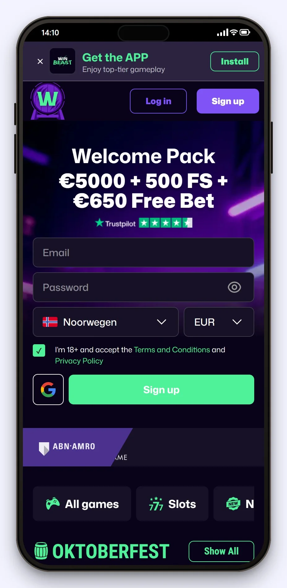 casino med google pay: WinBeast lobby i mobilen