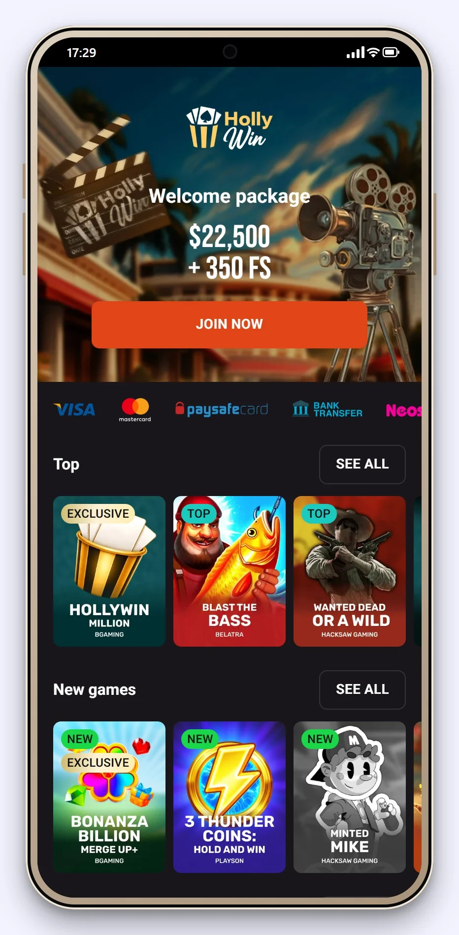 google pay casino: Hollywin lobby on a phone