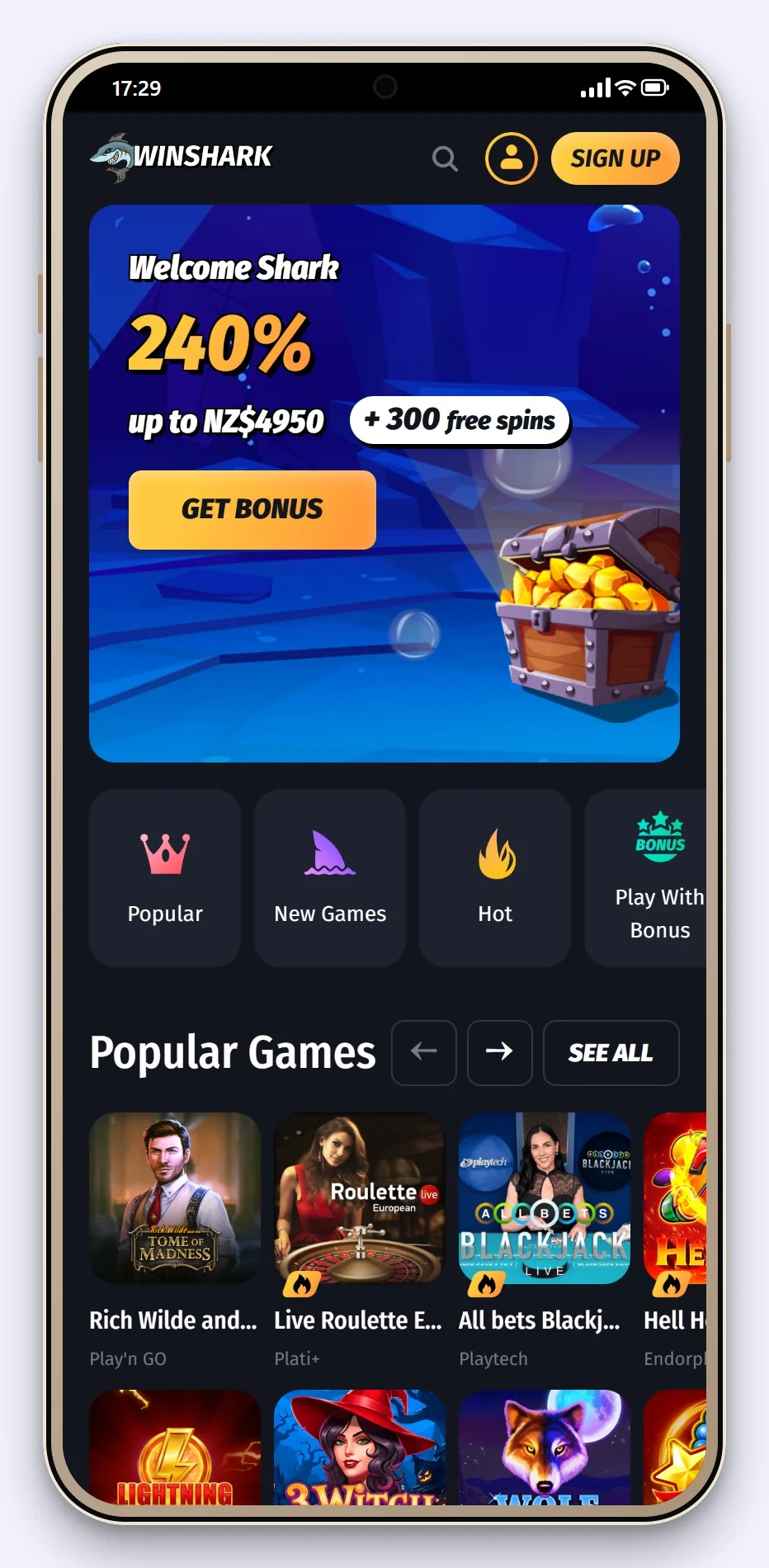 google pay casinos nz: WinShark mobile site lobby