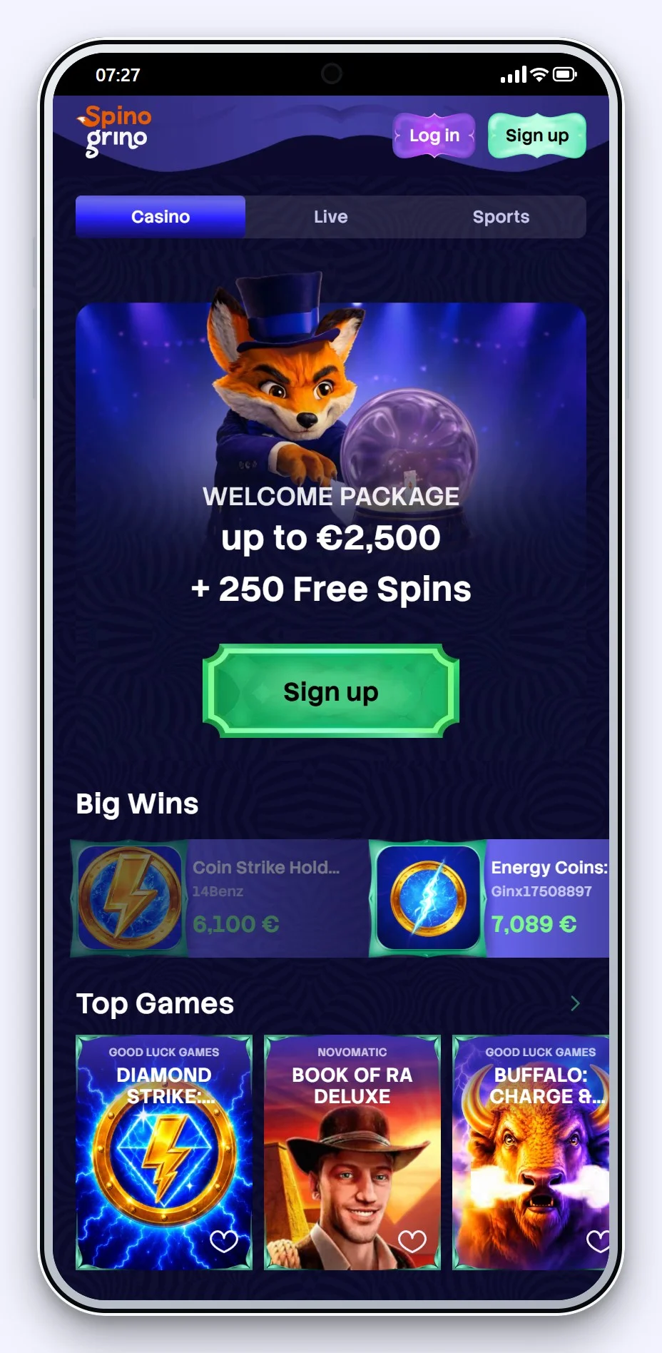 google pay casino: Spinogrino lobby na telefonie