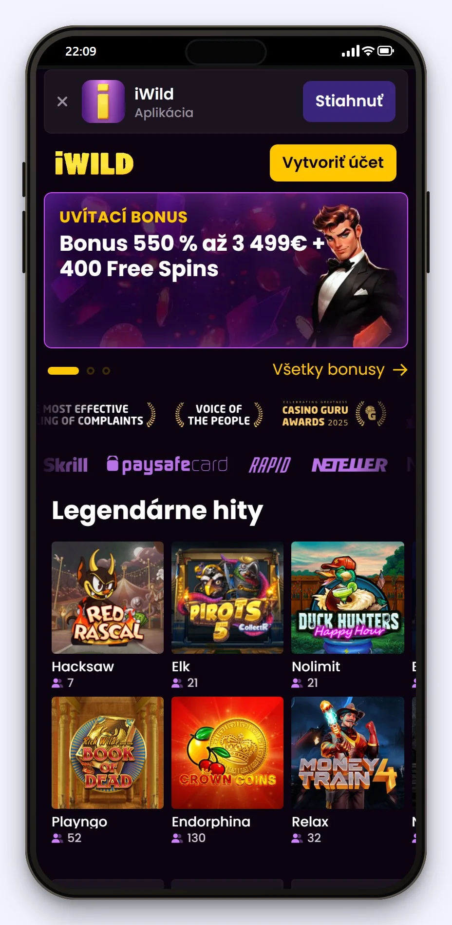 google pay kasína: iWild Casino lobby v mobile